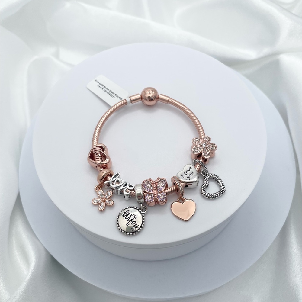 Linx Rose Gold Snake Chain Bracelet with Linx and Pandora Wife and Mom Charms